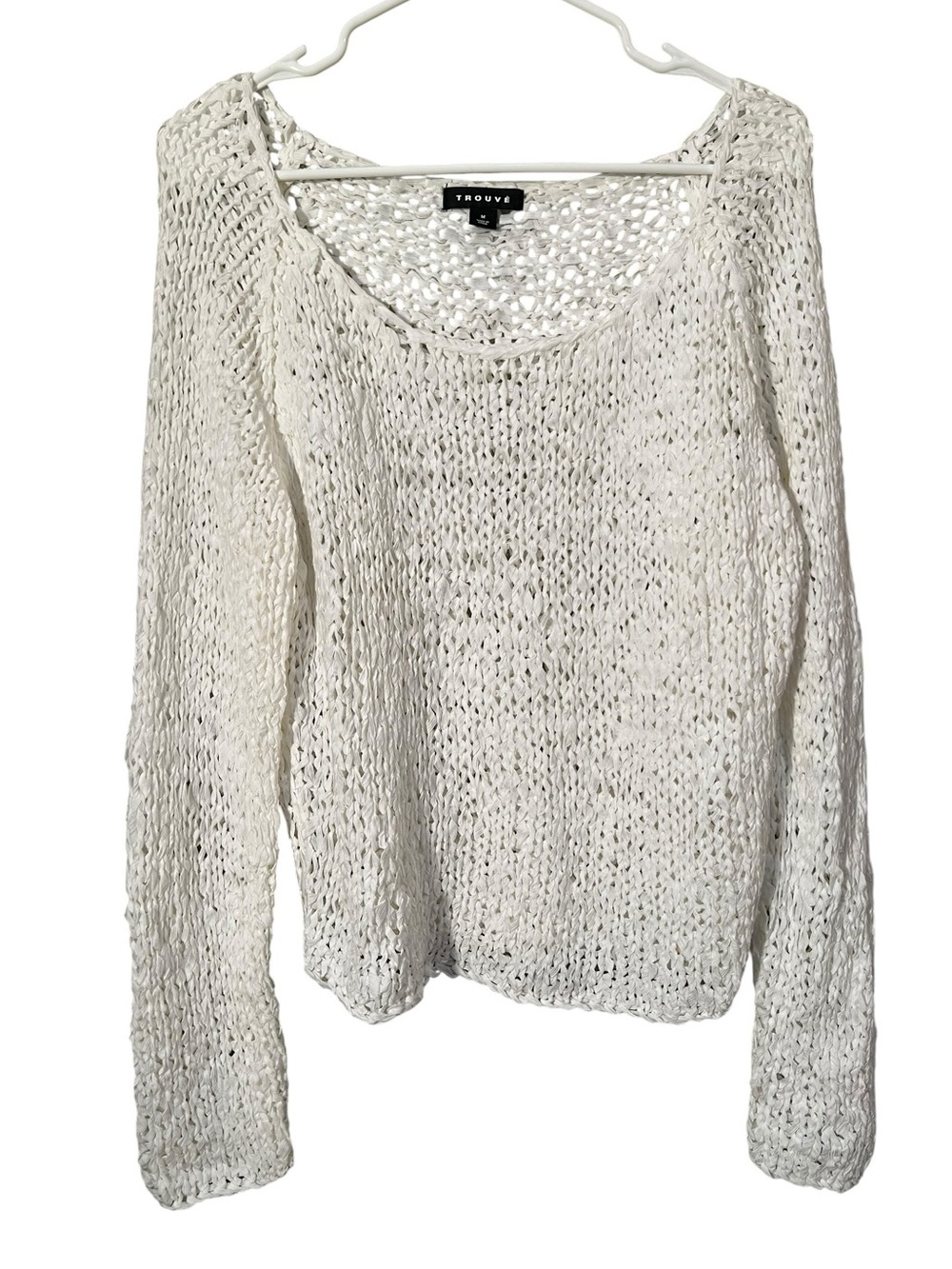 Trouve Women's Size Medium Scoop Neck Sweater White Pointelle Loose Knit Beachy